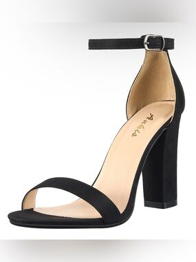 18S New In Box Black Suede Ankle-Strap Block Heel Sandals